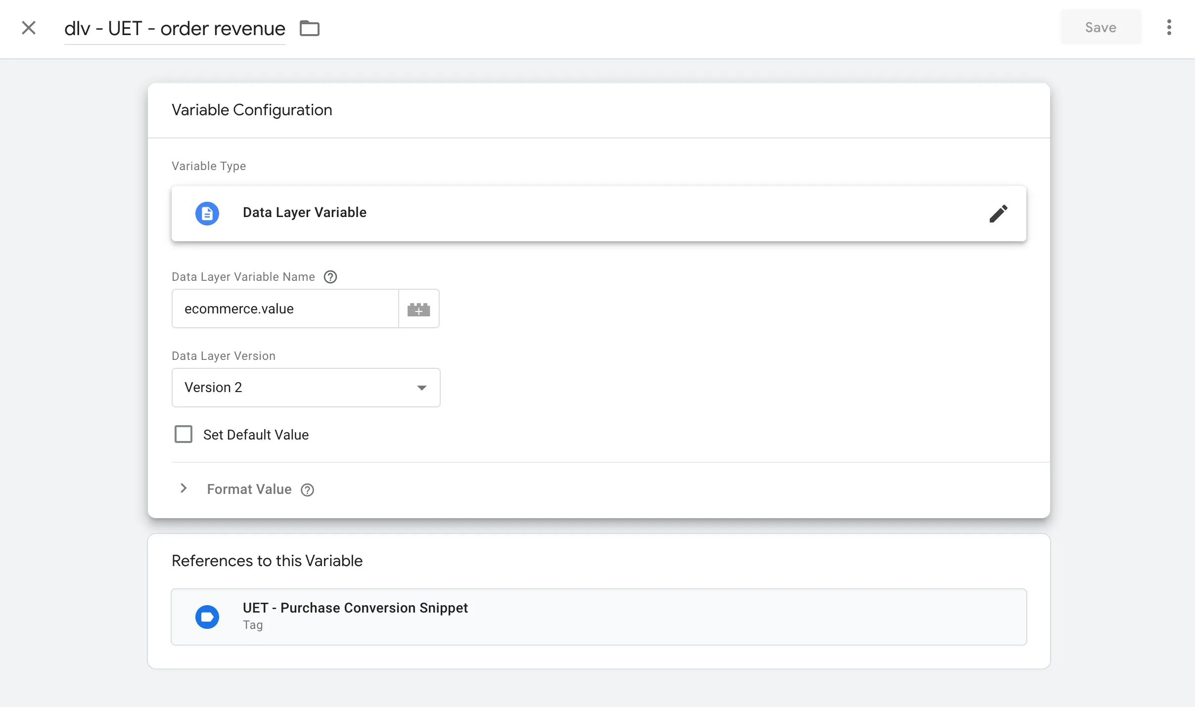 UET Data Layer User-Defined Variable Config